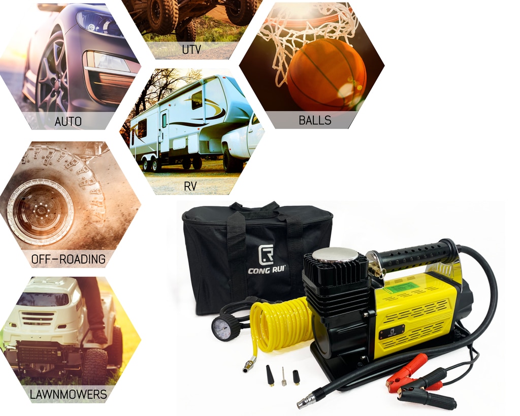 Overland Vehicle Systems Portalble Air Compressor System 5.6 CFM With Storage Bag, Hose and Attachments Universal - Click Image to Close
