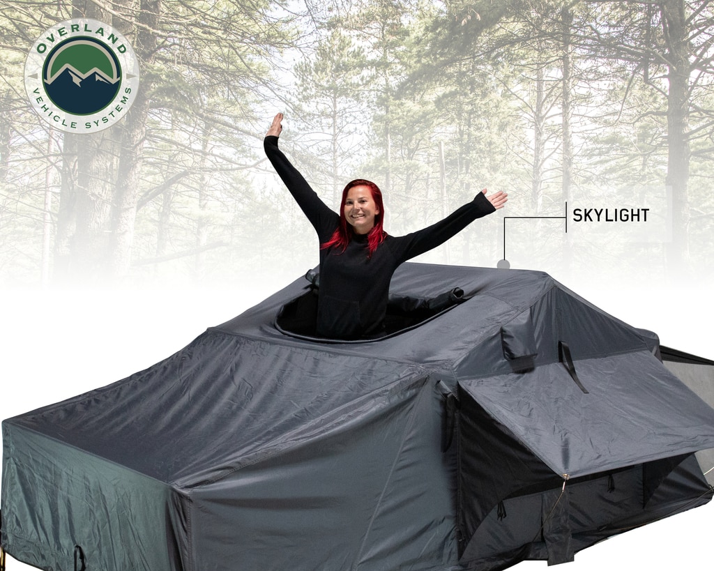 Overland Vehicle Systems Roof Top Tent 2 Person Extended Roof Top Tent Dark Gray Base With Green Rain Fly With Bonus Pack Nomadic
