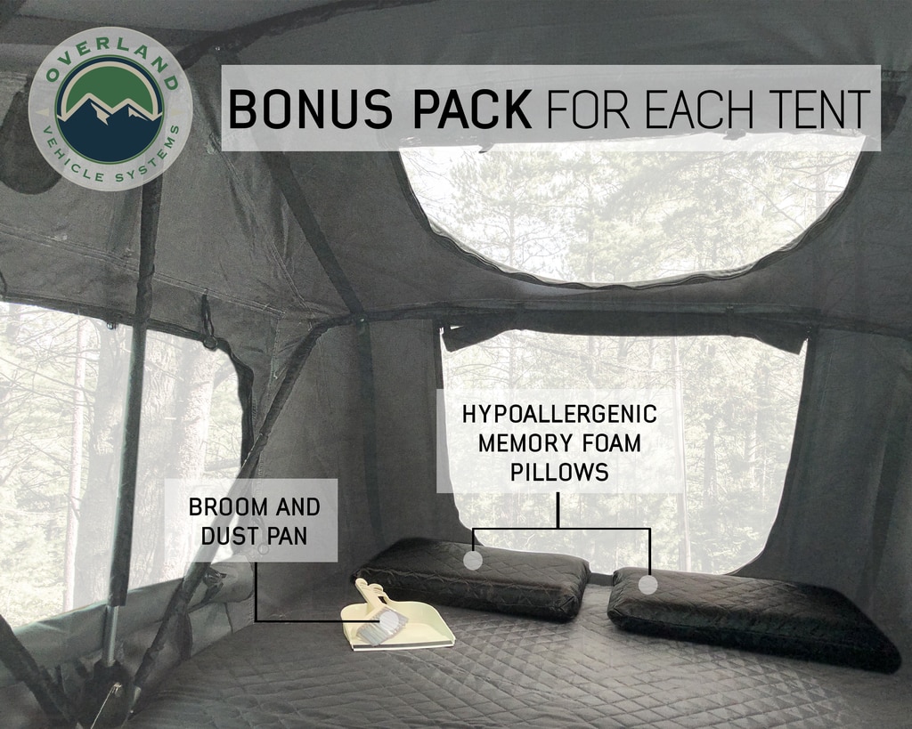 Overland Vehicle Systems Roof Top Tent 2 Person Extended Roof Top Tent Dark Gray Base With Green Rain Fly With Bonus Pack Nomadic