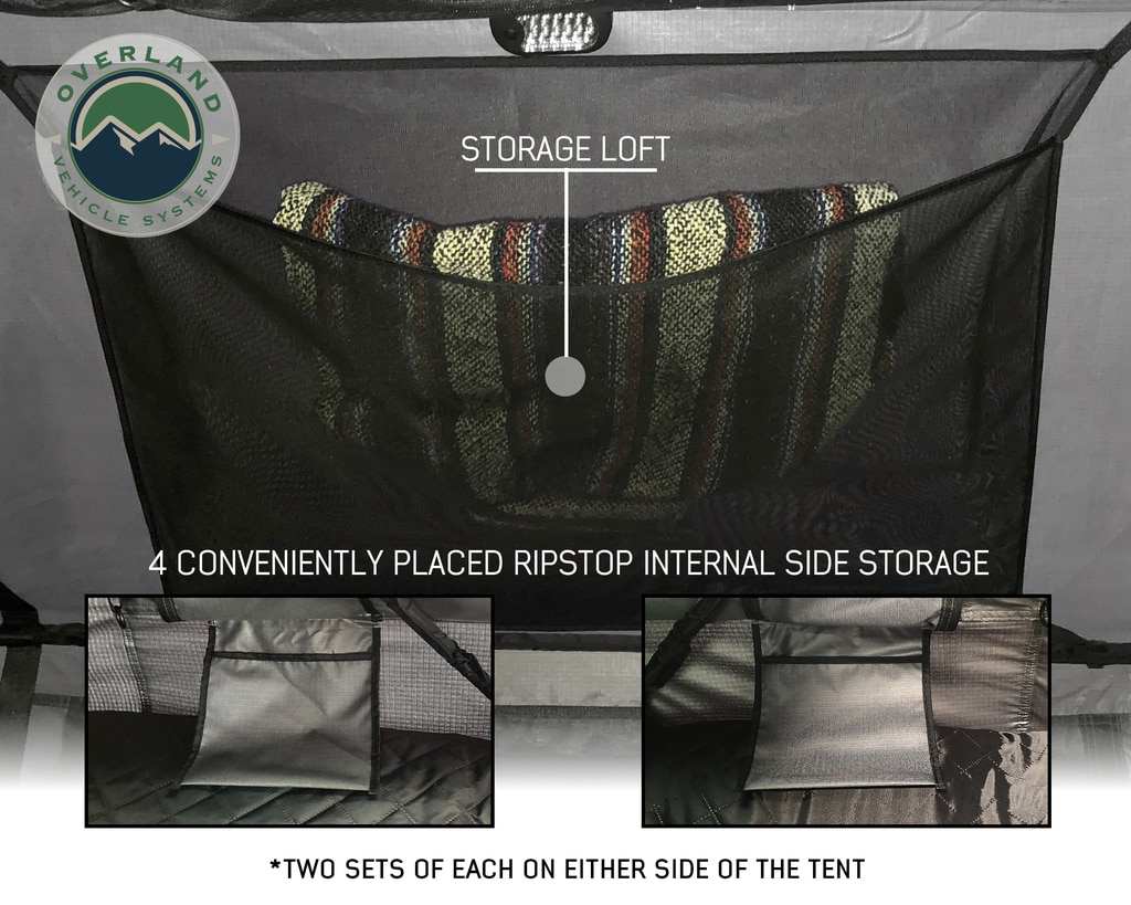 Overland Vehicle Systems Roof Top Tent 2 Person Extended Roof Top Tent Dark Gray Base With Green Rain Fly With Bonus Pack Nomadic