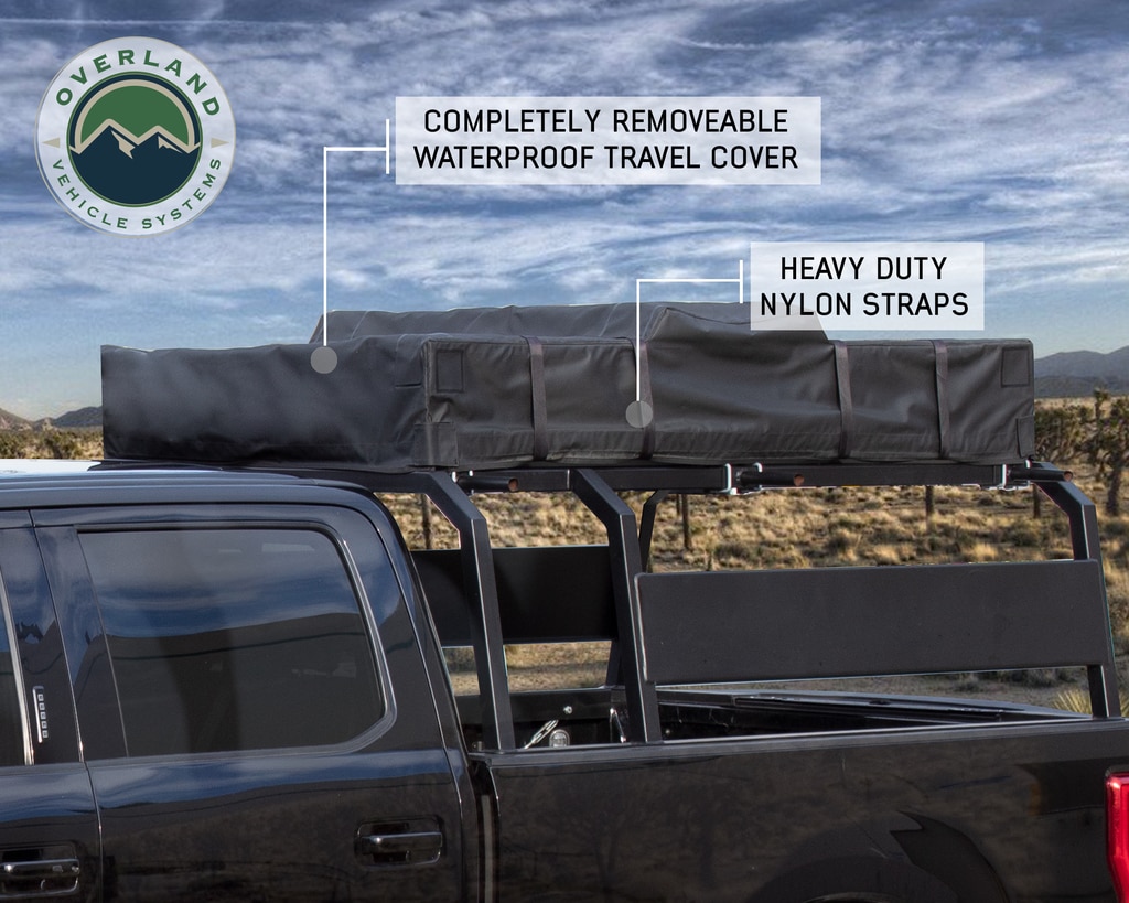 Overland Vehicle Systems Roof Top Tent 2 Person Extended Roof Top Tent Dark Gray Base With Green Rain Fly With Bonus Pack Nomadic