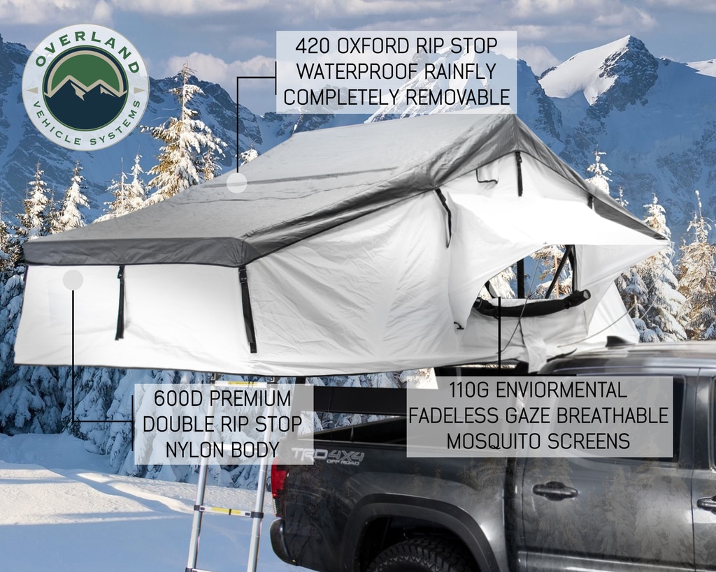 Overland Vehicle Systems Roof Top Tent Extended 3 Person Roof Top Tent With Annex White/Dark Gray Rain Fly Black Cover Nomadic Arctic - Click Image to Close