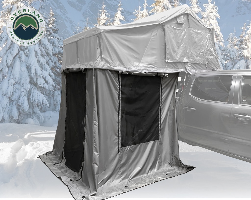 Overland Vehicle Systems Roof Top Tent Extended 3 Person Roof Top Tent With Annex White/Dark Gray Rain Fly Black Cover Nomadic Arctic - Click Image to Close