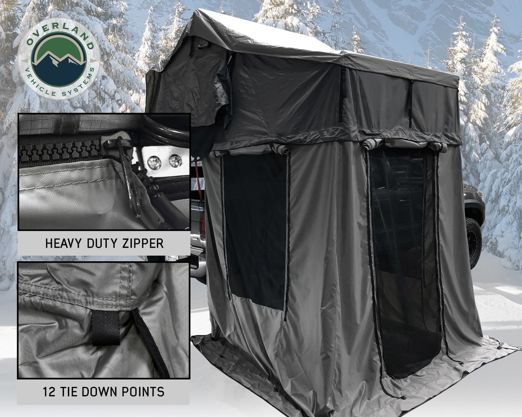 Overland Vehicle Systems Roof Top Tent Extended 3 Person Roof Top Tent With Annex White/Dark Gray Rain Fly Black Cover Nomadic Arctic - Click Image to Close