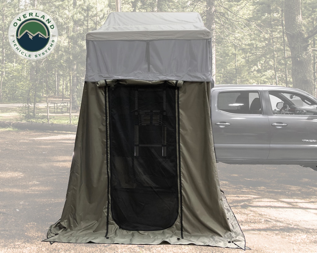 Overland Vehicle Systems Roof Top Tent 3 Annex 86x76X82 Inch Green Base Black Floor and Travel Cover Nomadic - Click Image to Close