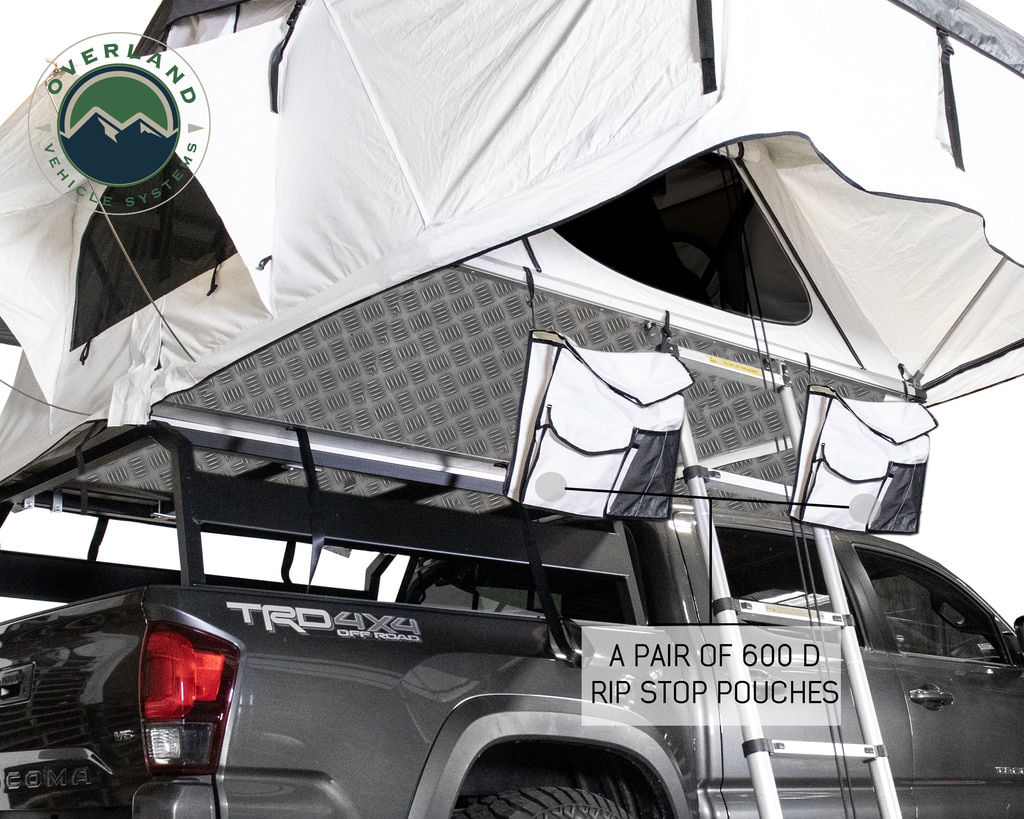 Overland Vehicle Systems Roof Top Tent Extended 3 Person Roof Top Tent White Base/ Dark Gray Rain Fly Black Cover Nomadic Arctic - Click Image to Close