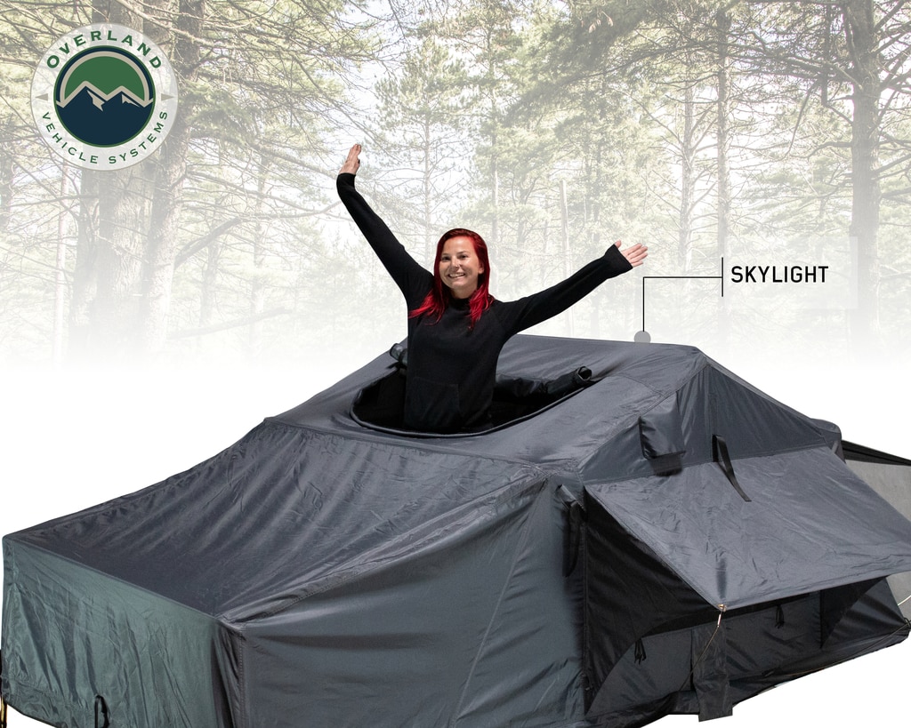 Overland Vehicle Systems Roof Top Tent 3 Person Extended Roof Top Tent Dark Gray Base With Green Rain Fly With Bonus Pack Nomadic - Click Image to Close