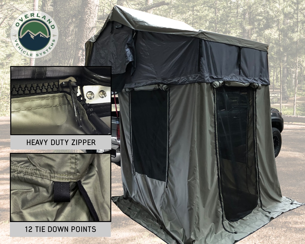 Overland Vehicle Systems Roof Top Tent 4 Annex 100x80X82 Inch Green Base Black Floor and Travel Cover Nomadic - Click Image to Close