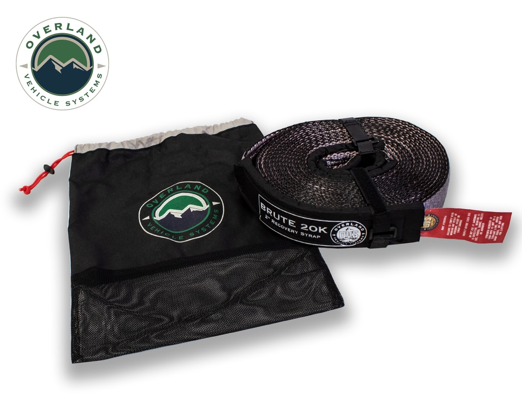 Overland Vehicle Systems Tow Strap 20,000 lb 2 Inch x 30 Foot Gray With Black Ends & Storage Bag