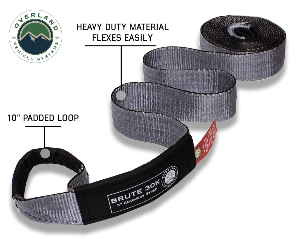 Overland Vehicle Systems Tow Strap 30,000 lb 3 Inch x 30 foot Gray With Black Ends & Storage Bag - Click Image to Close