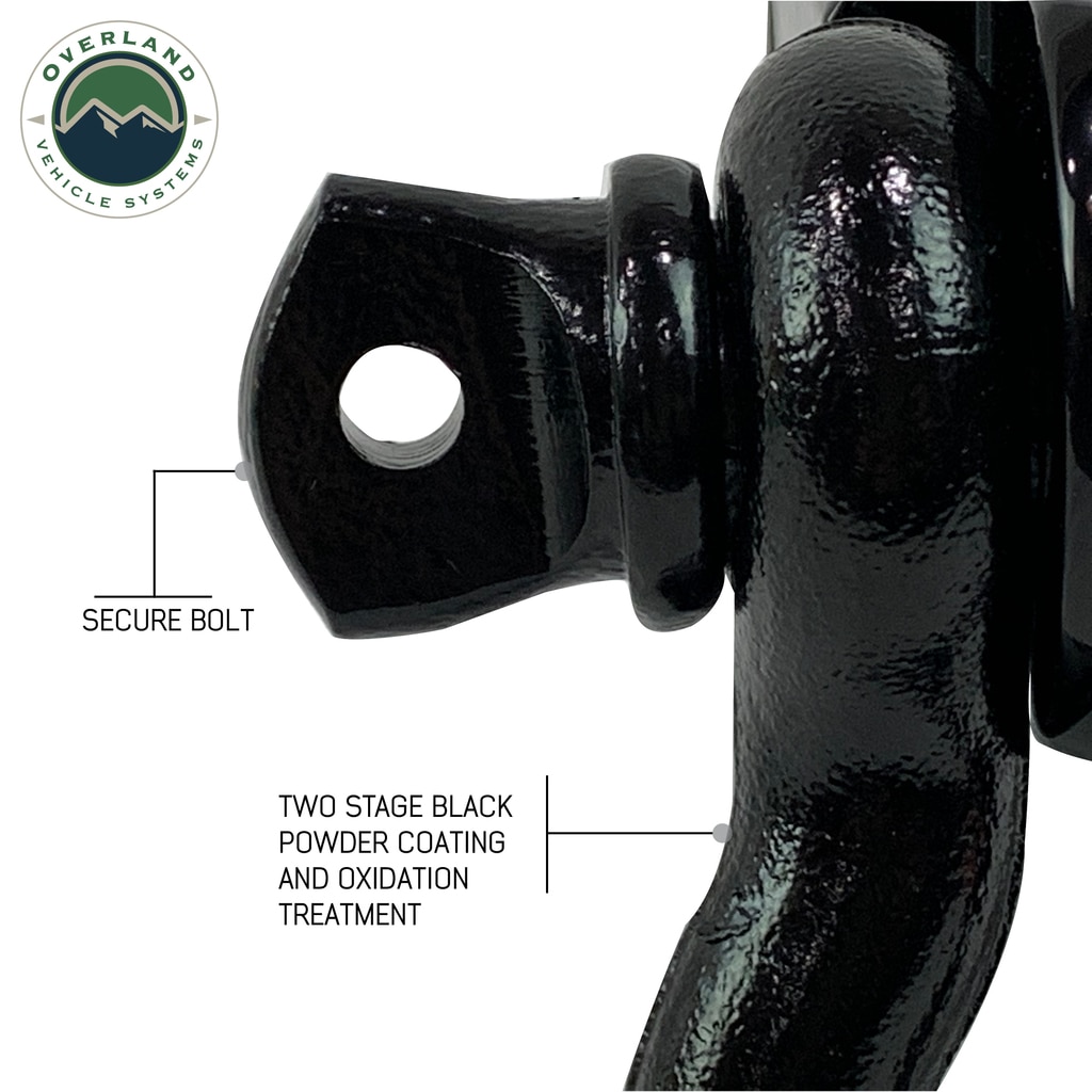 Overland Vehicle Systems Receiver Mount Recovery Shackle 3/4 Inch 4.75 Ton With Dual Hole Black Universal - Click Image to Close