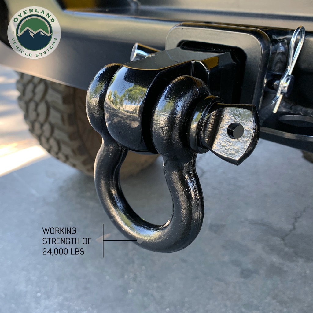 Overland Vehicle Systems Receiver Mount Recovery Shackle 3/4 Inch 4.75 Ton With Dual Hole Black Universal - Click Image to Close