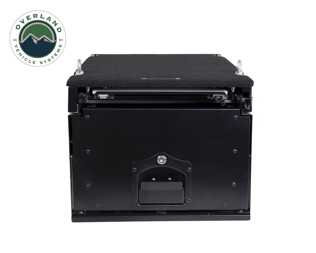 Overland Vehicle Systems Cargo Box With Slide Out Drawer & Working Station Size Black Powder Coat Universal - Click Image to Close