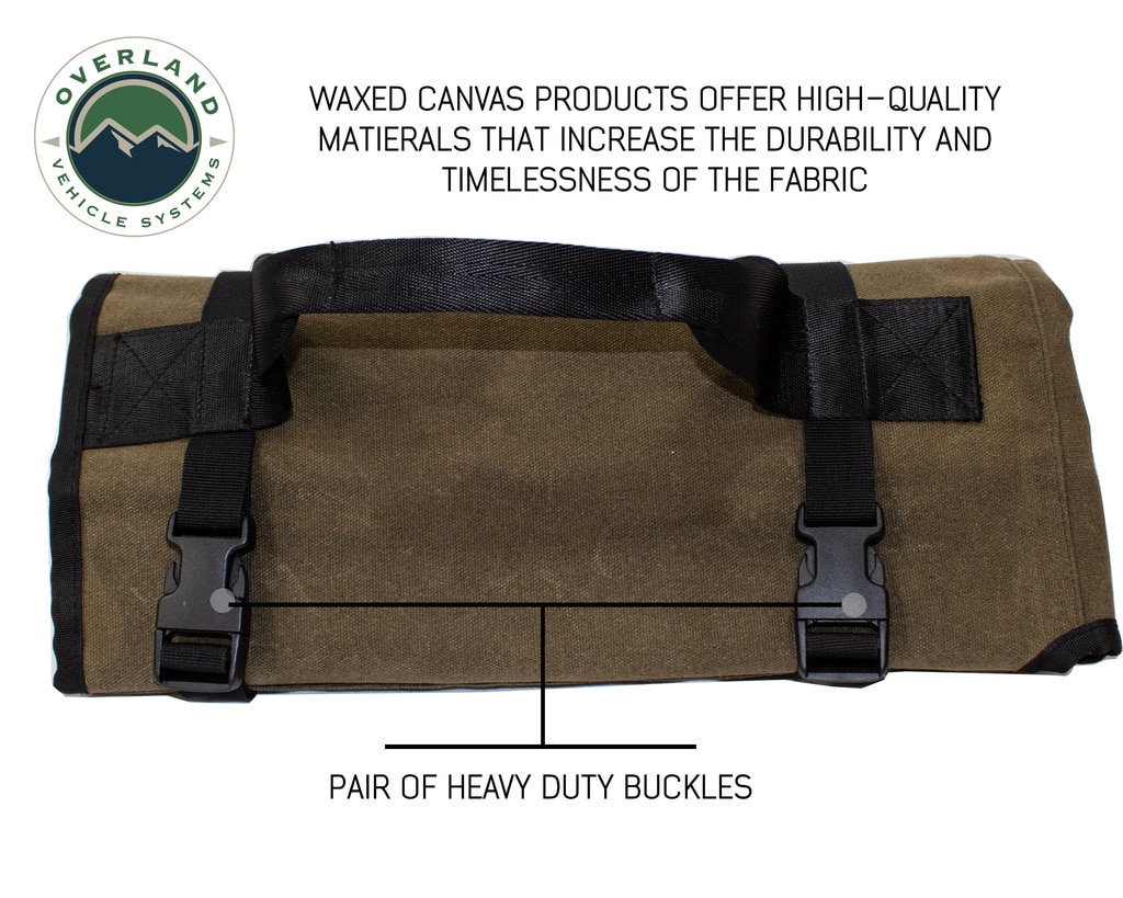 Overland Vehicle Systems Rolled Bag General Tools With Handle And Straps Brown 16 LB Waxed Canvas Canyon Bag Universal - Click Image to Close