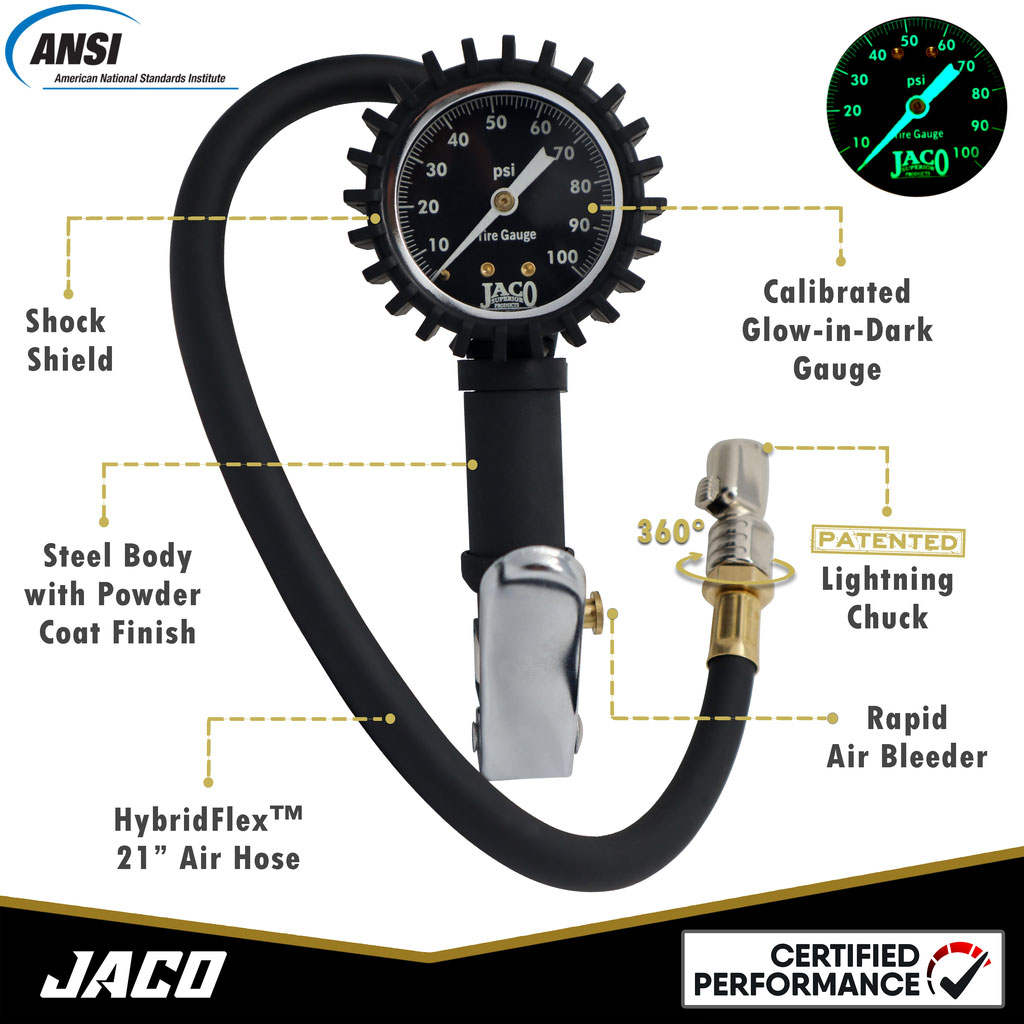 JACO FlowPro Tire Inflator with Pressure Gauge - 100 PSI - Click Image to Close