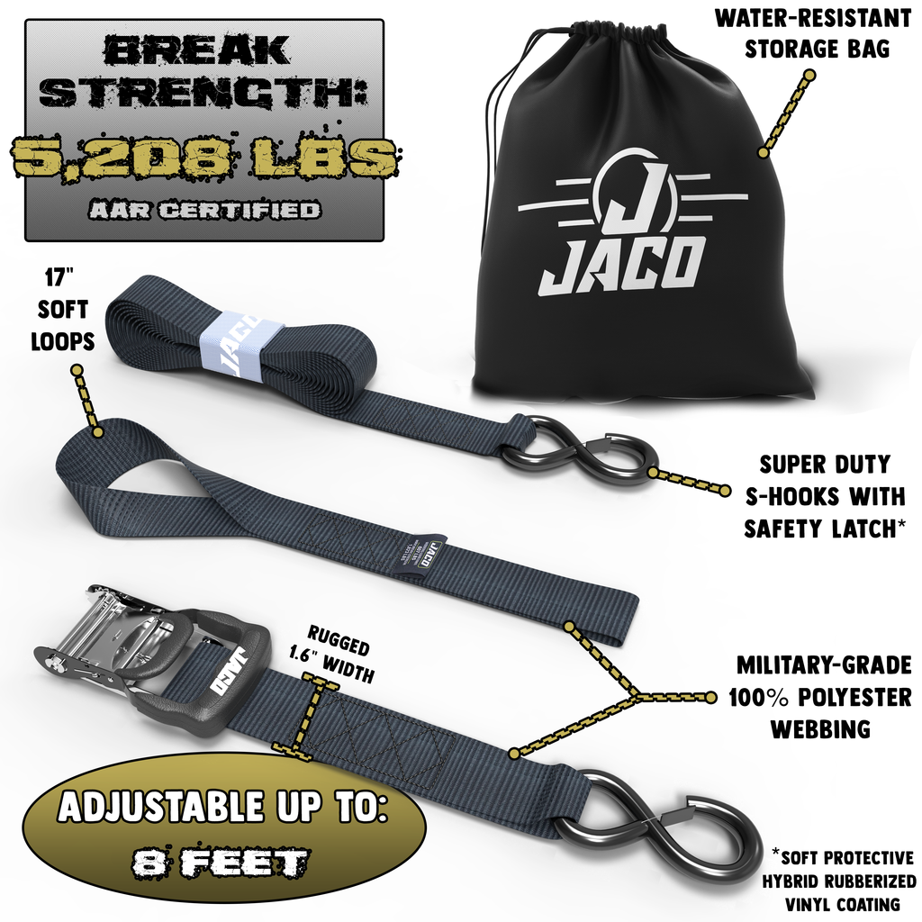 JACO Tie Down Ratchet Straps (Heavy Duty) 1.6 in x 8 ft - Ships Free!