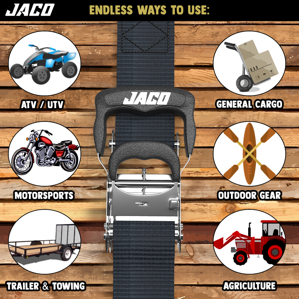 JACO Tie Down Ratchet Straps (Heavy Duty) 1.6 in x 8 ft - Ships Free! - Click Image to Close