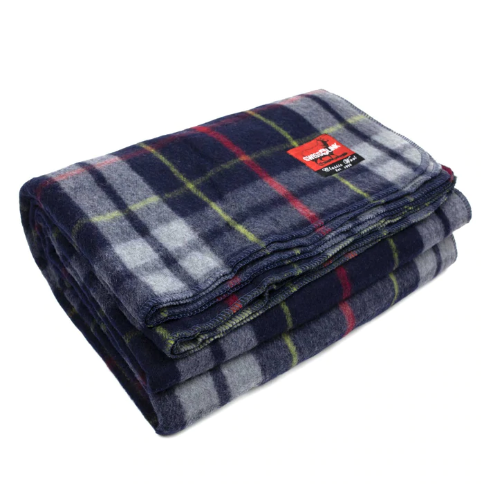 SwissLink Classic Plaid Wool Blanket - Blue/Grey